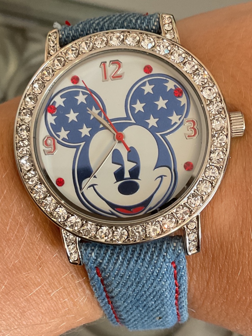 Disney Mickey Mouse Denim Strap Watch with Crystal Bezel - Blue & Red